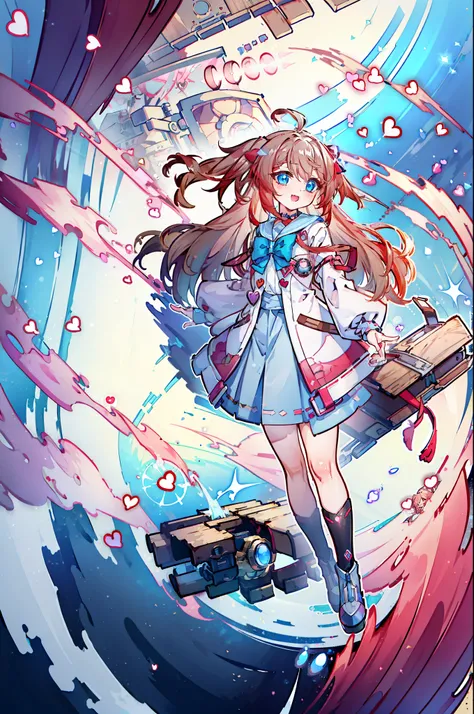 (masterpiece), 1girl, art, blush, :3, expressive eyes, neuro-sama, solo, looking at viewer, standing, looking at viewer, portrait, brown cardigan, bowtie, sailor collar, ahoge, cherry blossoms, blue eyes, sky, outdoors, smile, heart hair ornament, two side...