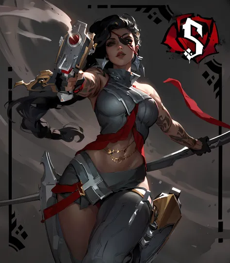 Revolver and sword in hand, Nota S de fundo, um close up de uma mulher segurando uma arma e uma espada, Samira de League of Legends, Samira de League of Legends, Samira, arte de splash do personagem, estilo artgerm, Irelia de League of Legends, Artgerm ext...