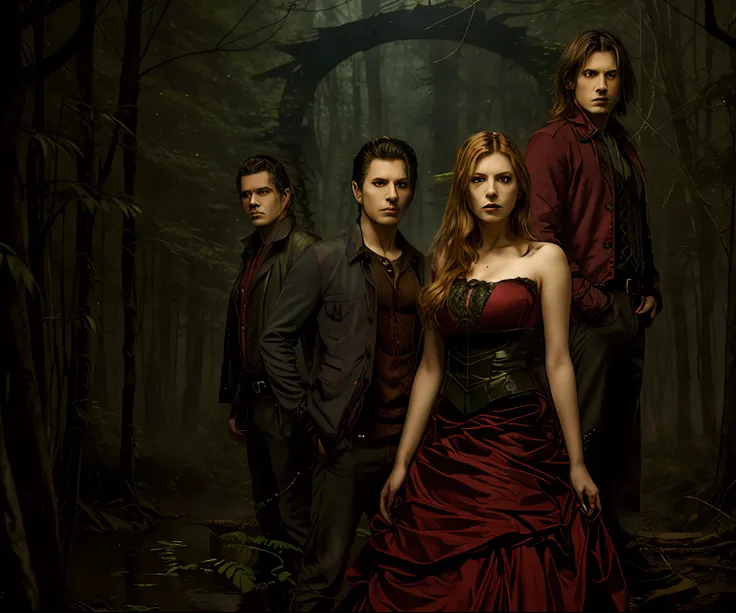 arafed image of a group of people standing in a forest, promocional ainda, vampiro, promo ainda, vampiros, imagem promocional, i...