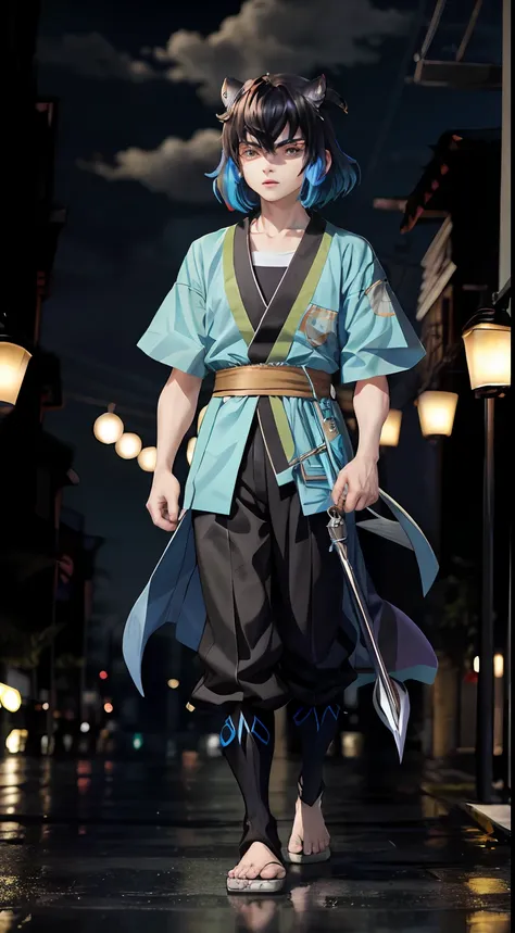 "anime male character inosuke with black and blue mixed hair in full body shot in a beautiful night city"