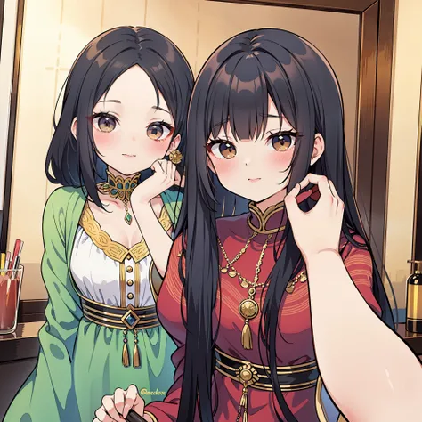boho-chic style. A beautiful woman helps her beautiful sister to do her make-up. They are in a room with a stunning vintage style dressing table. They are women who dress in a very attractive modern way. 2023.