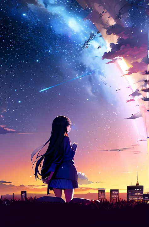 octans, Skysky, stele(Skysky), landscapes, starrysky, natta, 1girl in, nigh sky, 独奏, plein air, built, clouds, milkyway, sitting on, The tree, length hair, 城市, silhuette, Cityscape、a miniskirt、fine hand、gyuru、Back