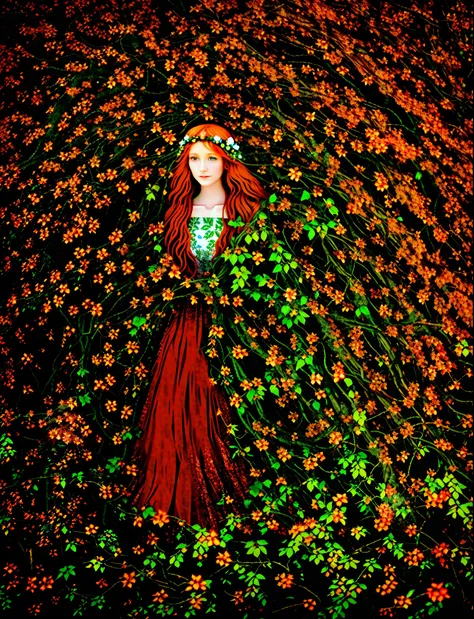 in the field stood a woman with long hair, druid goddess, earth goddess mythology, goddess of nature, persephone in spring, fey ...