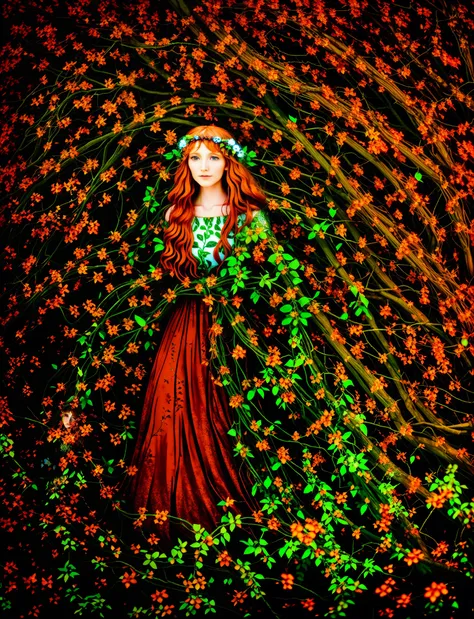 in the field stood a woman with long hair, druid goddess, earth goddess mythology, goddess of nature, persephone in spring, fey ...