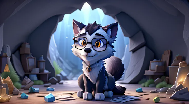 "a cute wolf with glasses, in his cave full of crystals" ((best quality)), ((masterpiece)), (detailed: 1.4), 3d