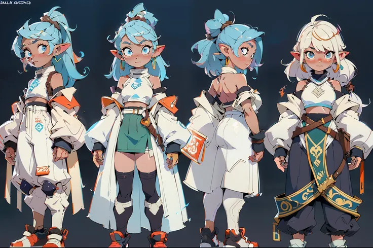 ((three sided view,full bodyesbian,Simple background,multiple views,A high resolution)),An adult elf,magical little girl,(the elf:1.2),cabelos preto e longos,little wings,perfect eyes,s the perfect face,Unilateral ear twisted braid,Feather earrings,croppe...