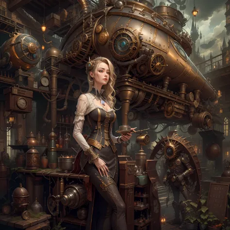 best qualtiy,tmasterpiece,超高分辨率,(realisticlying:1.4),absurderes,(1 couple standing in the manor,(Eye focus),sface focus, Clear facial features),(koh_amberheard:0.8),1 best long shot photo of Mechanical Airship Manor,Fantasy sci-fi vehicles,hyper realisitc,...