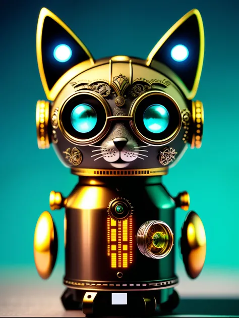 Cute furry kitten made of metal, robot, cyberpunk style, clockwork device, ((intricate detail)), HDR, big eyes, ((intricate detail, super detail)), vacuum tube or vacuum tube, movie shot, vignette, bokeh effect background