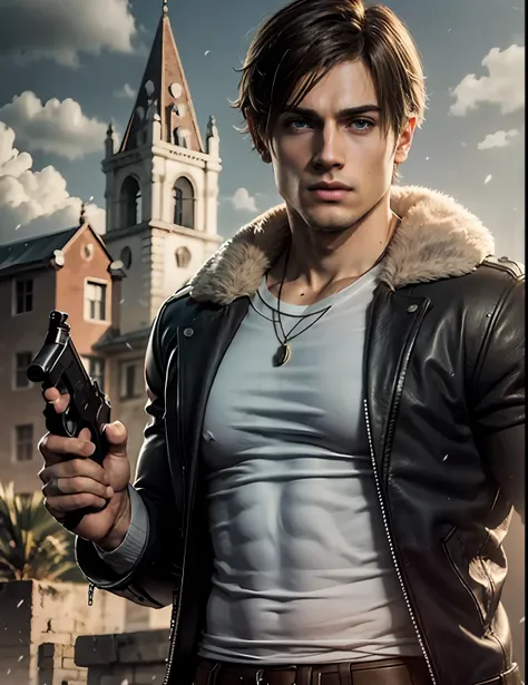 1 man, young man, 27 year old, leon s. kennedy from resident evil 4, face of eudard badaluta, solo, white skin, muscular, lean m...