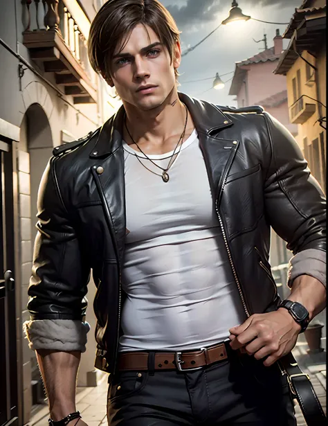 1 man, young man, 27 year old, leon s. kennedy from resident evil 4, face of eudard badaluta, solo, white skin, muscular, lean m...