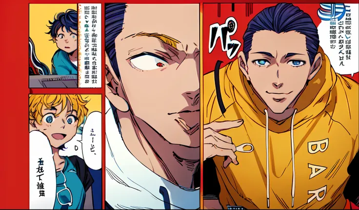 a anime of a boys manga, text manga, color manga, manga color, color manga, color manga panel, simple background