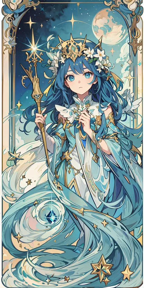 ((tmasterpiece:1.2,best qualtiy),独奏,magical little girl,wands,An Alphonse Muchas:1.1,blue gradient hair,The upper part of the body,frontage,Staring straight ahead,tarot cards:1.3,darkly,the night,Skysky,dark cloude,As estrelas,galactic)