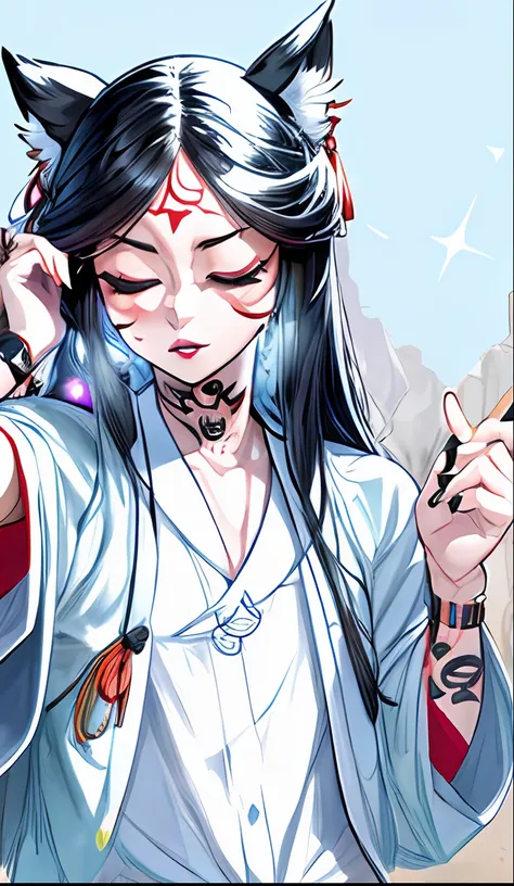 kitsune, eyes closed, full lips, black hair, facial tattoos