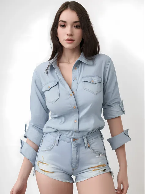 uma mulher muito linda e rosto perfeito de camisa cinza e bermuda posando para uma foto, vestindo uma camisa e uma shorts jeans, jeans no shorts, button up shirt, camisa cinza, vestindo uma camisa escura e shorts jeans, button - up shirt, com dois bolsos f...
