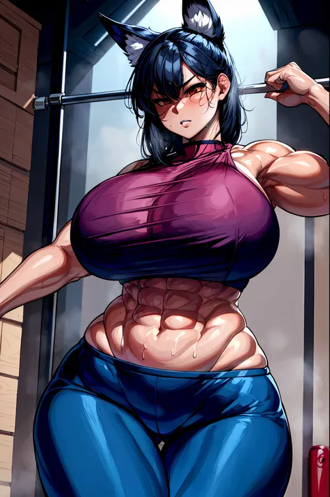 kitsune, working out, in gym, sweating, abs, thick thighs, huge breasts