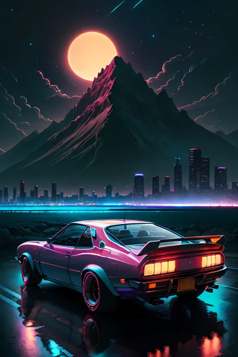 retrowave. city, 1969 Nissan S30, wide body kit, road, purple neon lights, sun, mountain,
(masterpiece,detailed,highres),