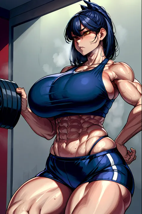 kitsune, working out, in gym, sweating, abs, thick thighs, huge hips, huge breasts,