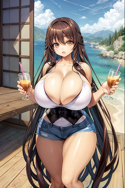 thick thighs, huge hips, huge breasts, kitsune, shorts, drinking, drunk