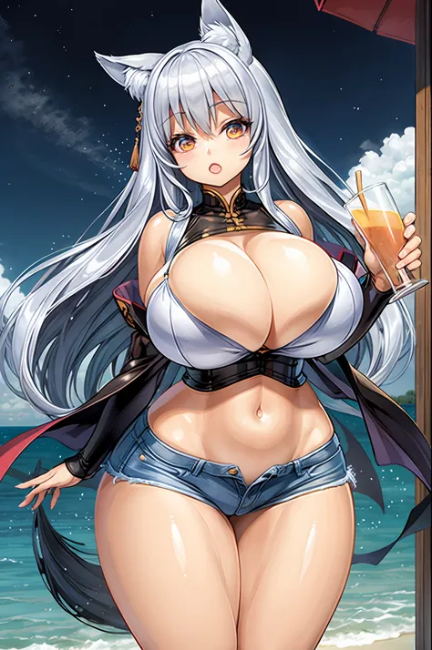 thick thighs, huge hips, huge breasts, kitsune, shorts, drinking, drunk