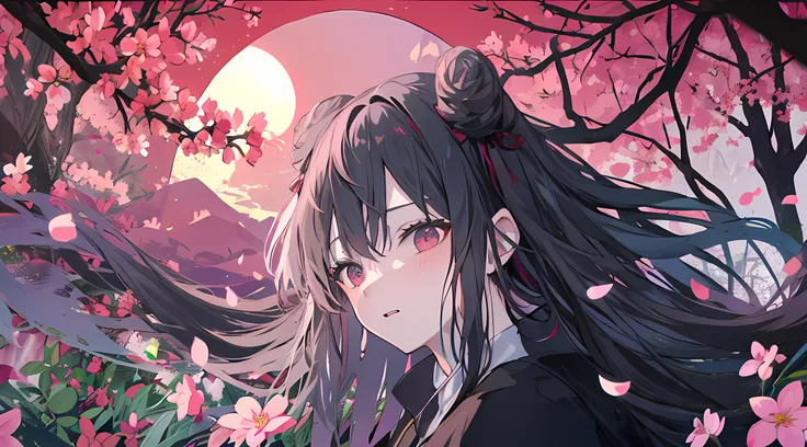 top-quality, Ink painting style, Fresh and elegant, Clear lake, orthofacial,Cute and shy,The cherry blossoms set as the sun sets,Black color hair, White cheongsam simple pattern girl, Ride the flower wind to blow your head, A forest dotted with green leave...