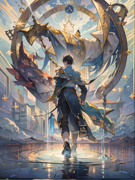 (1man), solo, masterpiece, {{{best quality}}}, {{ultra-detailed}}, {illustration}, cinematic angle, {detailed light},cinematic lighting, handsome man. The_Star, star (symbol), water. English text, roman numeral, card (medium)