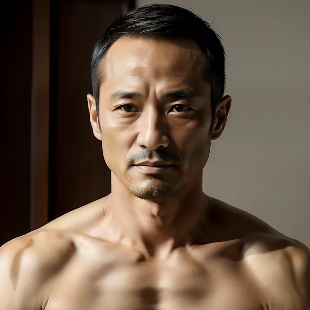 45 yers old，hidetoshi nakata，（demo mulroni 1.3），shirtless，tong，bulge，thin，musculature，lbeard，fortitude，lateral face