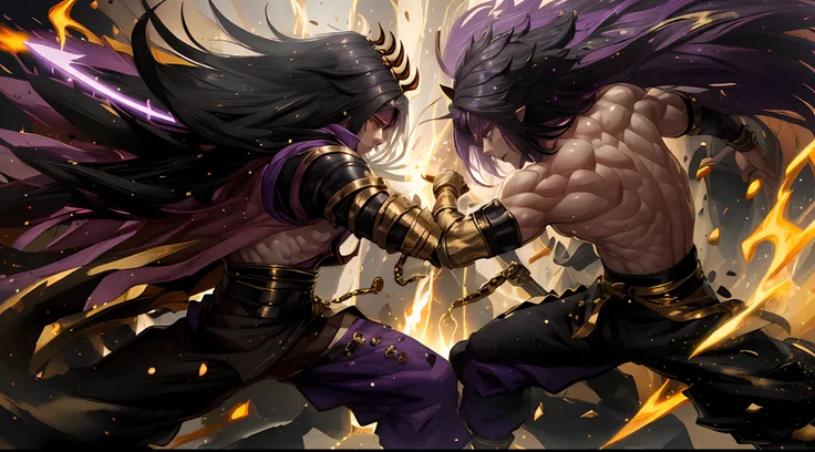 "Best quality, masterpiece, one boy with long white hair, shirtless showing his muscles, adorned with a gold arms and baggy white and black karate pants, fighting another boy with medium dark hair, intense purple eyes, dark lord wearing a spiked armor and ...