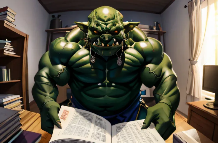 (obra-prima, illustration, melhor qualidade: 1.2), detalhado, intrincado, 8k, HDR, cinematic lighthing, foco nítido,
1 homem, solo, barba, Orc, Musculoso, Gordo, orelhas grandes monstro de pele verde, pele verde,
fundo detalhado, escrivaninha do quarto, m...