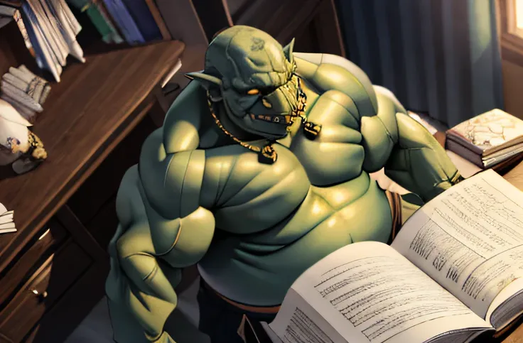 (obra-prima, illustration, melhor qualidade: 1.2), detalhado, intrincado, 8k, HDR, cinematic lighthing, foco nítido,
1 homem, solo, barba, Orc, Musculoso, Gordo, orelhas grandes monstro de pele verde, pele verde,
fundo detalhado, escrivaninha do quarto, m...