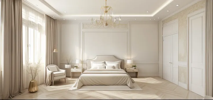 modern bedroom design, neoclassical style, image layout following the outline, 1 bed, 1 tab, 1 dressing table, 1 white curtain, ...