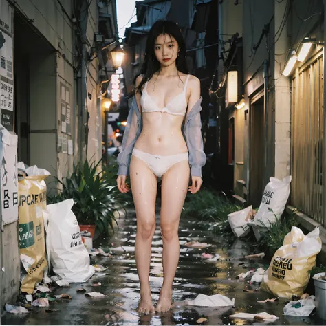 naoyuki obayashi,90s flash photo，1girl, solo,at night,a woman standing in a dim alley flirting，(full body:1.5),big breasts,(nipp...