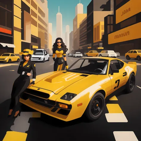 there is a woman driving a yellow race car on a city street, inspired by kilian eng, inspired by jim steranko, in style of syd m...