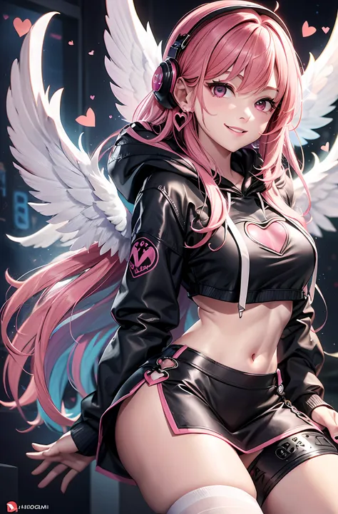 pink hair. long hair. miniskirt. parka. earring. angel wings. heart-shaped vacant chest. heart logo. a big smile. inside the gam...