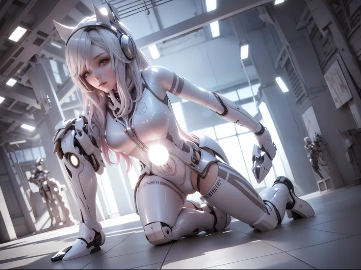 female silver-white mech sculpture，kneeling pose，the mech is rich in detail，mechanical skin texture，