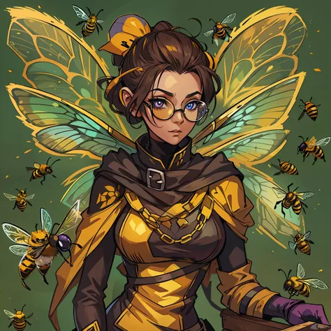 a bee woman a villain for rpg inspired by a bee a woman with the colors and elements, including wings of a wasp bee a villain wh...