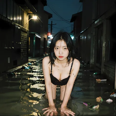 naoyuki obayashi,90s flash photo，1girll, solo,at night,a woman standing in a dim alley flirting，(full bodyesbian:1.5),big breast...