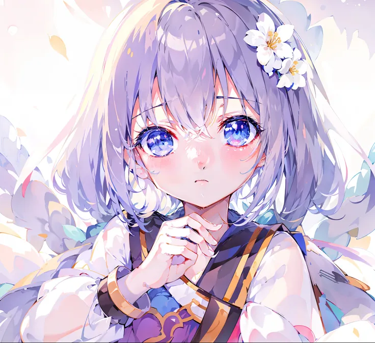 anime girl with blue eyes and white dress and flowers on hair, anime moe art style, anime visual of a cute girl, style of anime4...