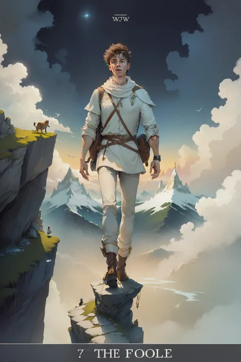 Text "Le Fou" . A young man stands on the edge of a cliff, without a care in the world, as he sets out on a new adventure. He is gazing upwards toward the sky and is seemingly unaware that he is about to skip off a precipice into the unknown. Over his shou...