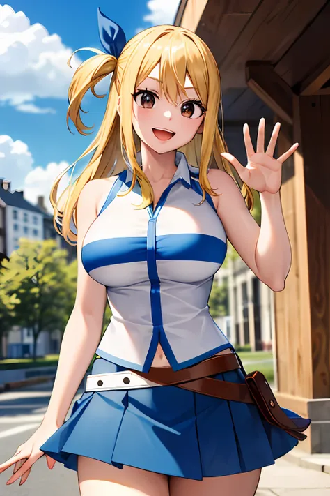 masterpiece, best quality, highres, lucy heartfilia, blonde hair, long hair, large breasts, white shirt, sleeveless, belt, blue ...