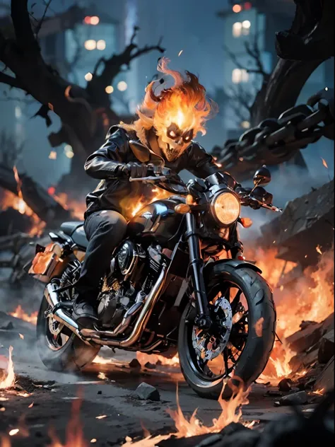 /imagine prompt: ghost rider, the fiery spirit of vengeance, astride a roaring motorcycle, tearing through the depths of the und...