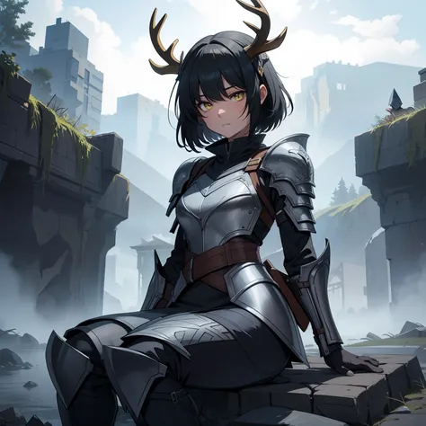 a 1girl, 独奏, Knights armor, half-mask skull with deer antlers, Tired look, yellow eyes, bags under eyes, sitting on a stone, Broken armor, Short Hair Hair, Long bangs, Black hair, dark-skin, gloves, winter, grey sky, clouds, Falling snow, grey sky, Dim whi...