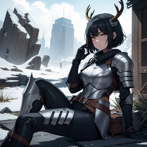 a 1girl, 独奏, knight's armor, half-mask skull with deer antlers, tired look, yellow eyes, bags under eyes, sitting on a stone, br...