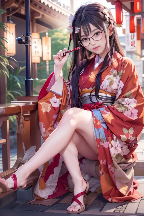 arafi in a kimono sitting on a bench at a japan festival,snapshots, holding a smoke pipe in your right hand,red amaryllis hairpi...