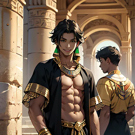 Miscellaneous 15-year-old boy naked with his straight getting into the walks of his friends smiling through the palaces of ancient Egypt black hair brown skin green eyes elegant black clothes with bare gold chest wears red gold jewelry