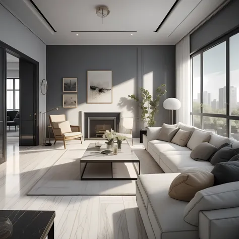 imagine a modern living room with floor-to-ceiling windows, stylish furniture, et un design minimaliste. write a scene that take...