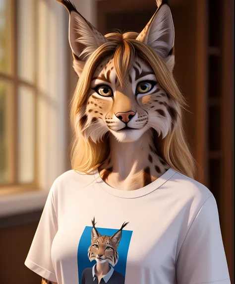 masterpiece, realistic, professional photo, female anthropomorphic lynx, t-shirt, detailed fur, (furry body:1.2), pretty face, d...