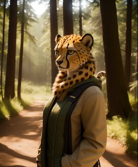 raw photo, a portrait photo of (anthro cheetah woman), traveler clothes, standing in the forest, natural fur, 8k uhd, high quali...