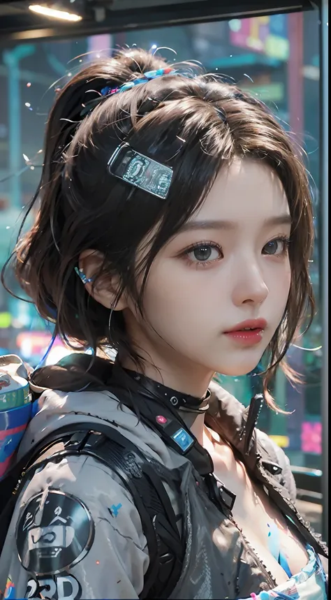 ((best quality)), ((masterpiece)), (high definition:1.3), 3d, beautiful (cyberpunk:1.3) female hacker with thick voluminous hair...