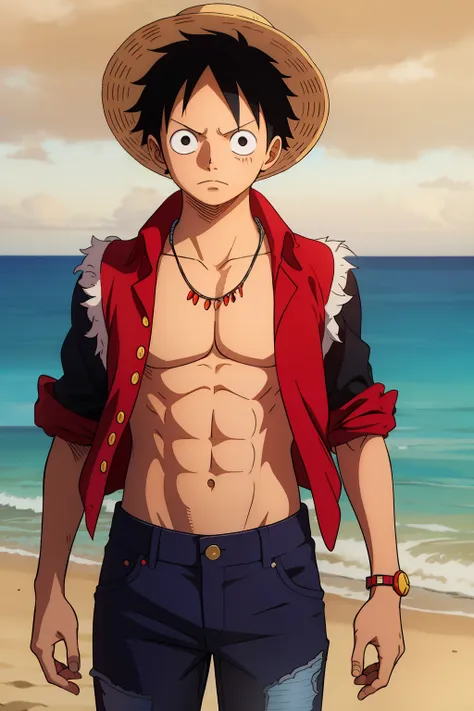 black short hair, blue pants, red vest yellow buttons, strawhat with red ribbon, monkey d. luffy, symmetrical body, portrait, sa...