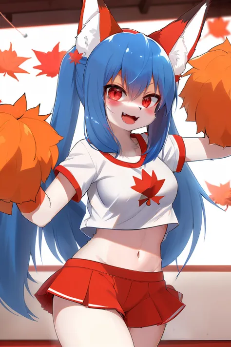 1girl, (furry female:1.1), kitsune, blue hair, red eyes, fox ears, fox tail:1.25, body fur:1.75, masterpiece, white logo tshirt,...